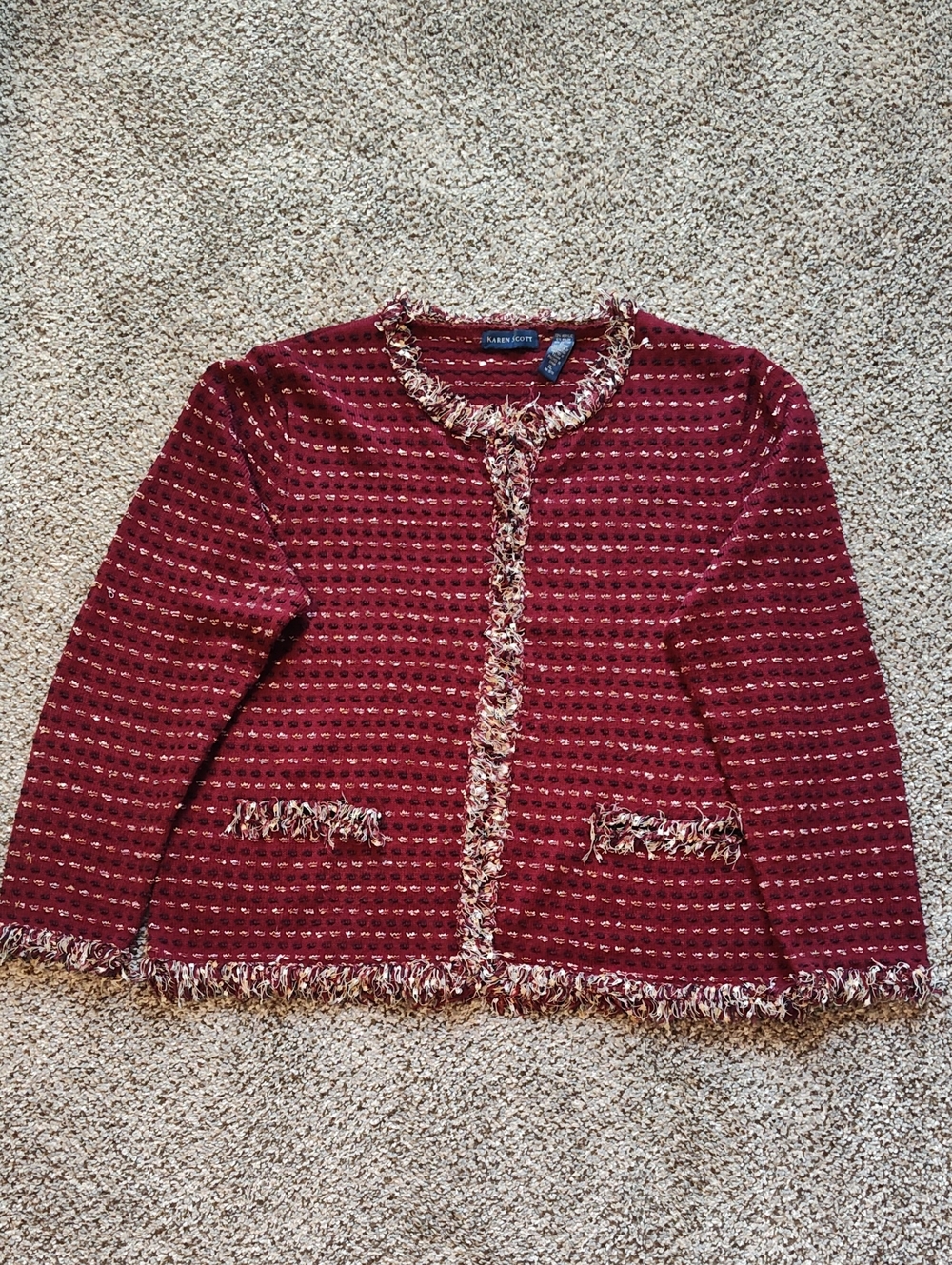 Karen Scott Burgundy Fringe-Trim Tweed Jacket